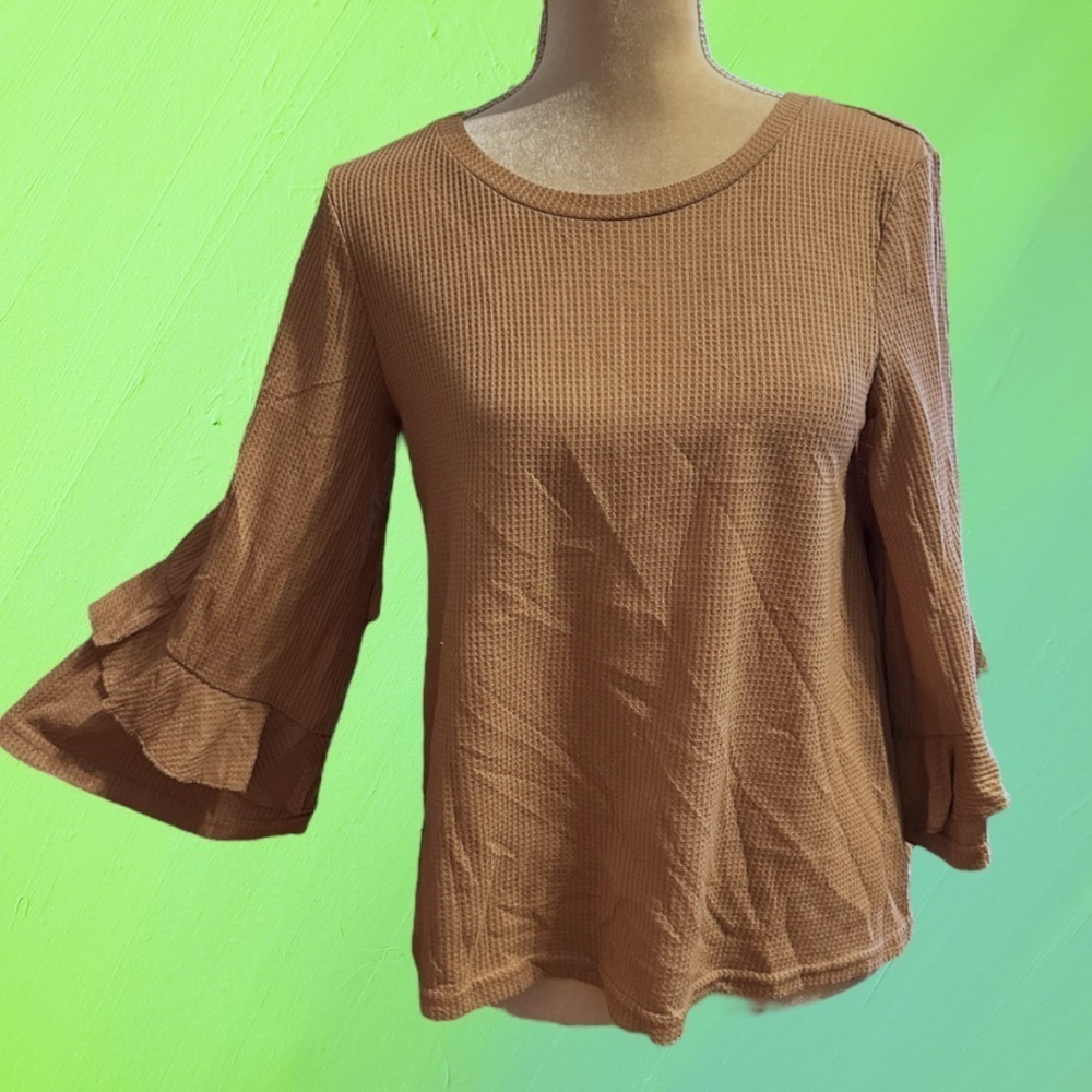 Very J Small Sweater Wmns Red Sandstone Tan Layered Sleeves Waffle Knitting